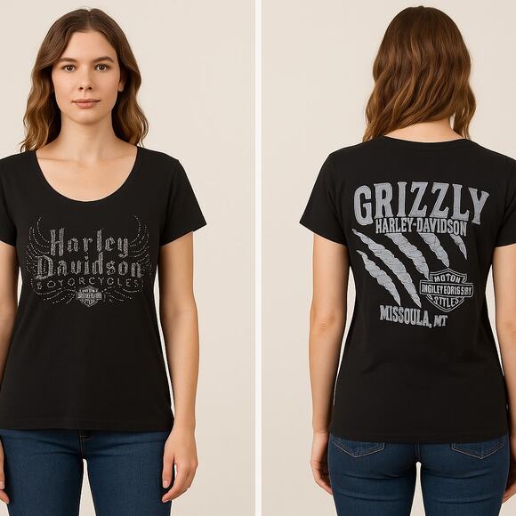 Harley-Davidson Grizzly Missoula Montana Rhinestone T-Shirt – Women’s Size L - Picture 1 of 9